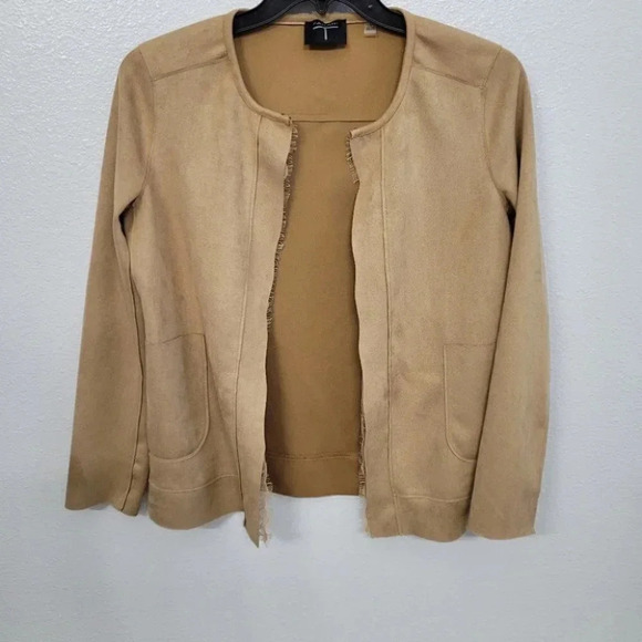 Tahari Faux Suede Lace Trim Open Front Jacket - Picture 10 of 12